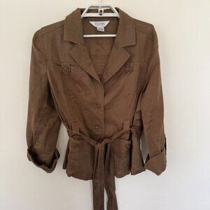 Allison Taylor Brown 100% Linen Long-Sleeve Belted Jacket Large